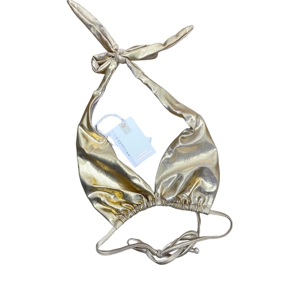 NWT GOOD AMERICAN METALLIC FOIL RUCHED HALTER Bikini Top - Picture 3 of 8